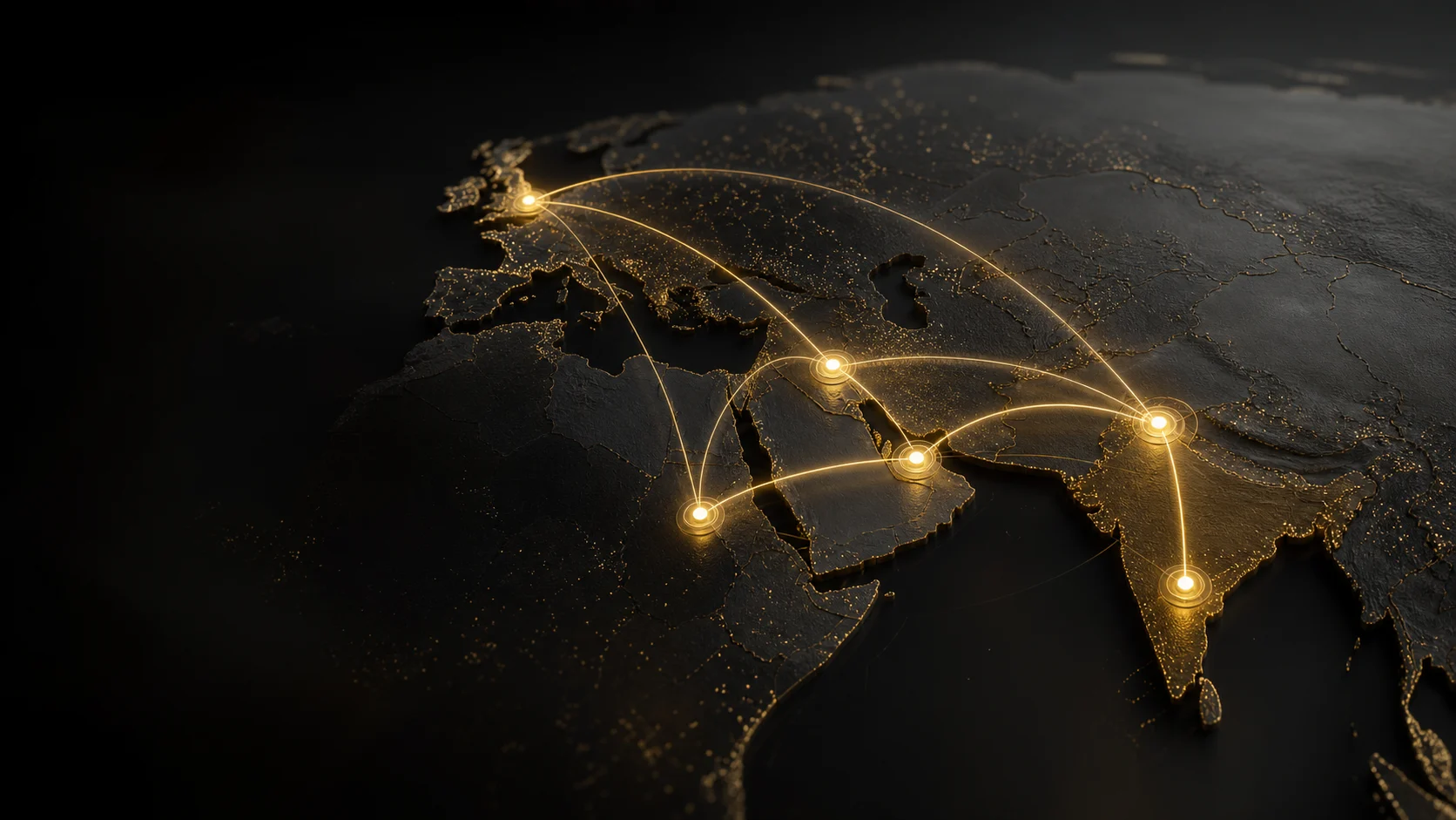 Gold-lit network map connecting India, the Middle East, and the United Kingdom
